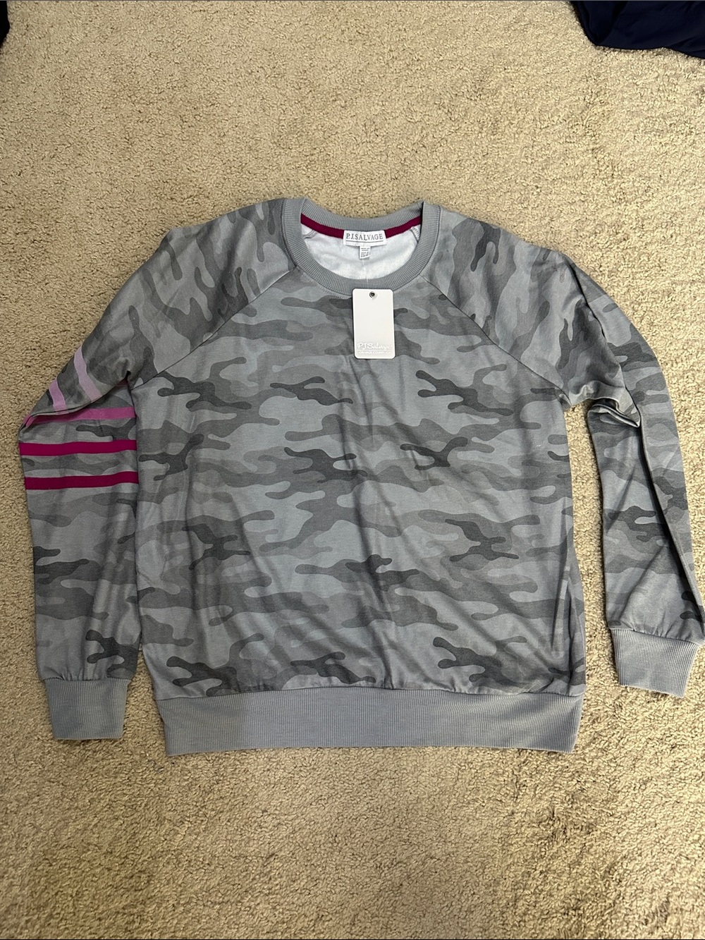 PJ Salvage Gray Camo Crewneck Sweatshirt with Pink Sleeve Stripes